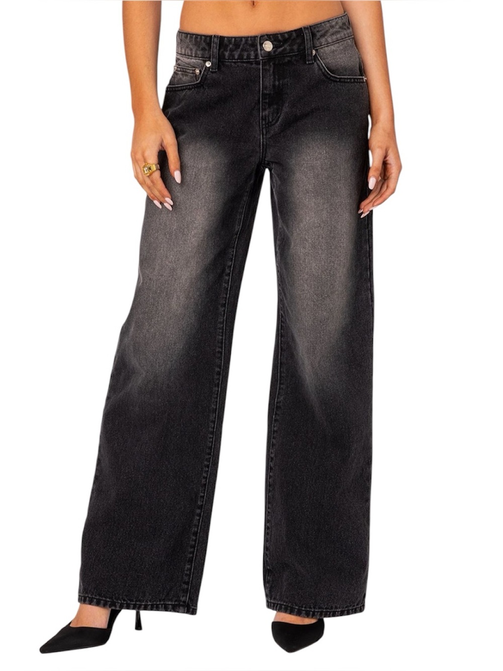 Edikted | Black Washed Denim Magda Acid Wash Low Rise Baggy Jeans